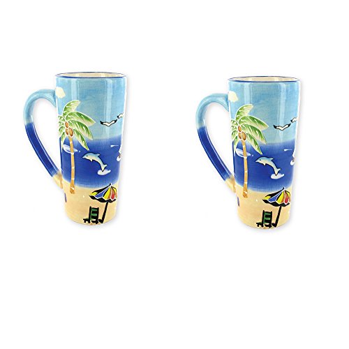 MUG Beach Palm Tree Embossed Ceramic Tall Coffee & Tea Cup 14 Oz - dolphin - Best Gift for friends family holiday Idea (Set of 2)