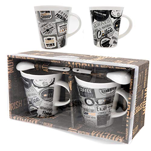 Rockin Gear Coffee Mug with Spoon- Set of 2 Coffee mugs (10 Ounce) Best Ceramic cup set with distinctive assorted Coffee vintage phrases, Boxed gift set