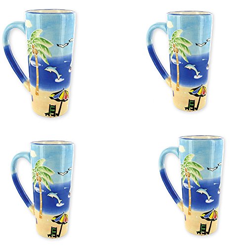 MUG Beach Palm Tree Embossed Ceramic Tall Coffee & Tea Cup 14 Oz - dolphin - Best Gift for friends family holiday Idea (Set of 4)
