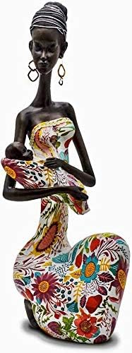 Novelty African Statue Beautiful Figurine Sculpture Colorful Dress Holding Baby, African Art Home Décor 15.5" Inches Tall Gifts for Mom - Flower Tropical Collectible Black Statues and Sculptures