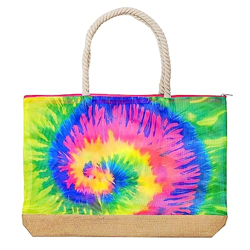 Rockin Tie Dye Souvenirs Gifts Beach Bags for Women, Mesh Oversized Beach Totes Shoulder Handbags with Zipper, Collectible Souvenir Beach Bag Gifts